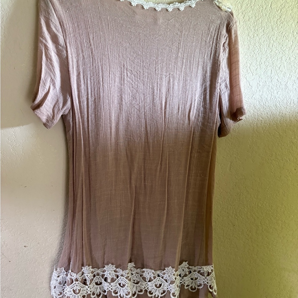 Elegant Tan Lace Trim Women's mini dress or top - Picture 2 of 3